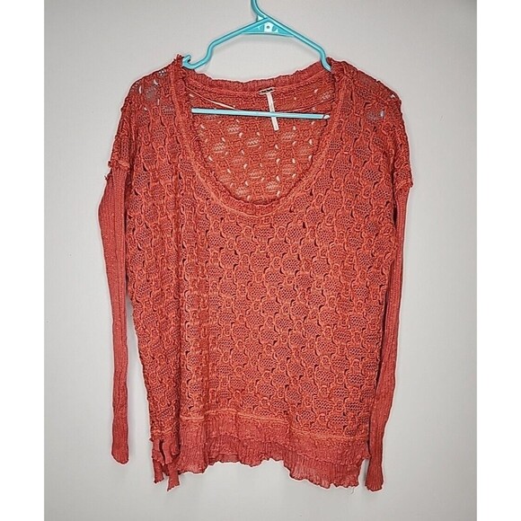 Free People Women's Sweater Open Knit Ruffle Hem Pullover Coral Orange S EUC - Picture 4 of 7